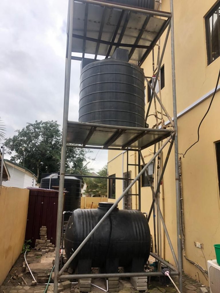 Polytanks on scaffolding